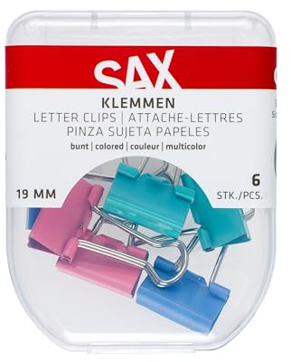 SAX Klemmen bunt 6 Stück, Metallklammern mit Farbbeschichtung für Dokumente und Unterlagen, Kunststoffbox mit Sicherheitsverschluss, Bürobedarf