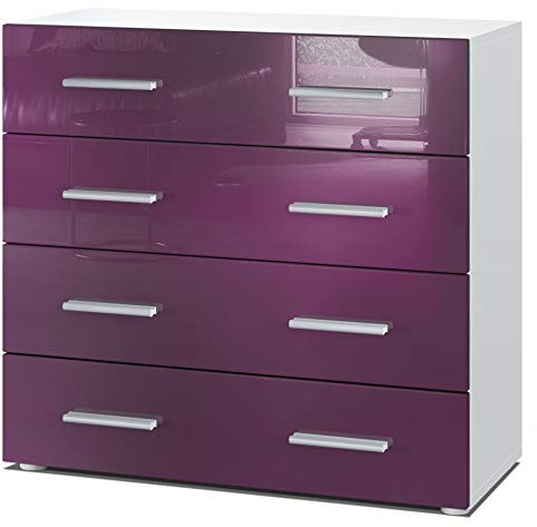 Vladon Sideboard Pavos, Kommode mit 4 Schubladen, Weiß matt/Brombeer Hochglanz (76 x 72 x 35 cm)