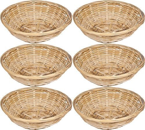 Set Of 6 Vintage Round Natural Bamboo Wicker Bread Basket Storage Hamper Trays