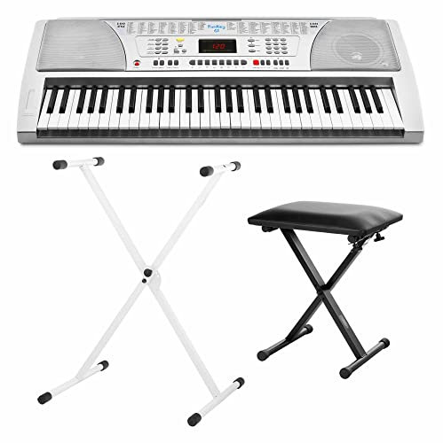 Funkey 61 Keyboard inkl. höhenverstellbarem Ständer (Silber) und Sitzbank (61 Tasten, 100 Klangfarben, 100 Rhythmen, 8 Demo Songs, Netzteil, Notenständer)