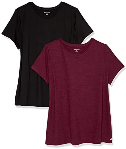 Amazon Essentials Damen Active Quick Dry Tech Stretch Kurzarm-T-Shirt mit Rundhalsausschnitt (in Übergröße erhältlich), 2er-Pack, Burgunderrot Space-dye/Schwarz, M