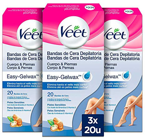 Veet Bandas de Cera Fria Depilatoria para Depilación de Cuerpo y Piernas con Aceite de Almendras, Easy Gelwax, Pieles Sensibles, 3 x 20 bandas, Total 60 Unidades
