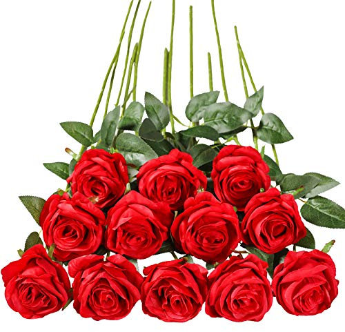 Tifuly 12 PCS Künstliche Rosen, 19,68 '' Single Long Stem Fake Rose Seide Braut Hochzeitsstrauß Realistische Blume für Hausgarten Party Hotel Büro Dekor (Blossom Roses, Rot)