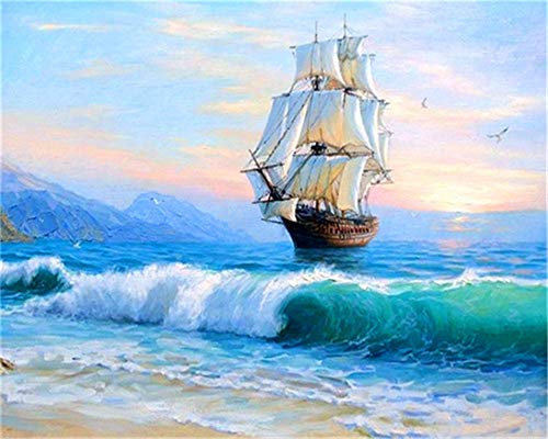 YEESAM ART DIY Ölgemälde Malen nach Zahlen Erwachsene Kinder, Blau Meer Sonnenuntergang Segelboot Schiff Zahlenmalerei ab 5 Öl Wandkunst (Blau, mit Rahmen)