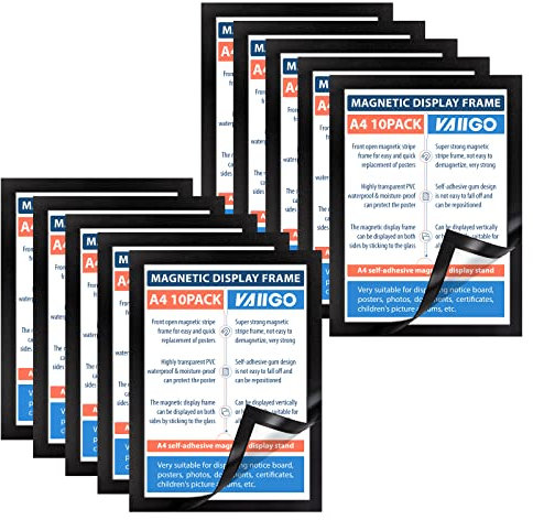 VAIIGO A4 Self Adhesive Magnetic Display Frame, Magnetic Paper Holder for License, Photos, Documents (10Pack, Black)