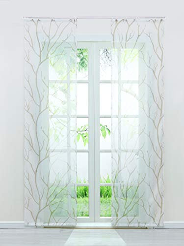 Voile Schiebegardinen mit Äste Muster Flächenvorhänge Vorhang Gardine Klettband Komplett mit Paneelwagen Beschwerungsstange (2er-Set, je H/B: 225/57 cm)