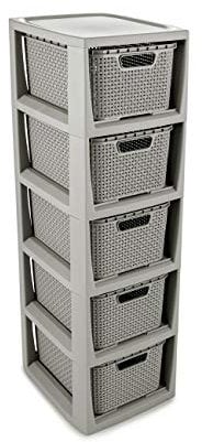 BranQ - Home essential Regal in Rattan Design, BPA-freie Kunststoff PP, Hellgrau, 29,5 x 24 x 80 cm, 5 Körben