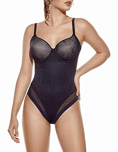 Selene, Body Mujer Reductor, con Aros y Copas Moldeadoras, Parte Inferior Sin Costuras, Colección Violeta, Color Negro, Copa 105 C