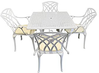 Signature Homes and Gardens SH&G Chirk 4 Seat Dining Table Set | 5 Piece Square Table & Chairs | White Aluminium with Cream Cushions | Indoor & Outdoor
