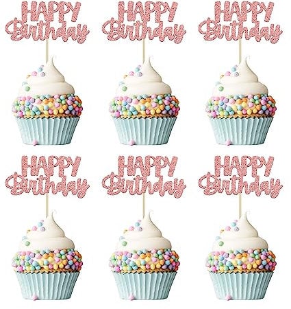Gyufise 24Pcs Rose Gold Glitter Birthday Cake Picks - 24 Count Cupcake Toppers for Birthday, Baby Shower & Anniversary Parties