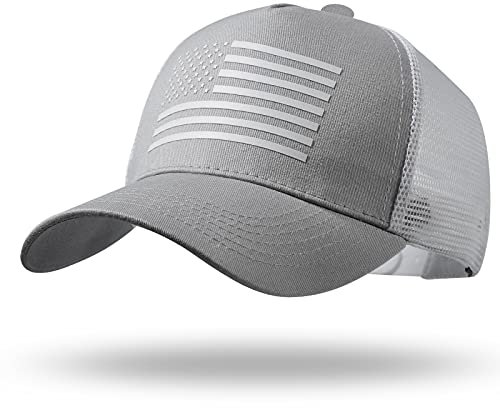 Trucker-Mütze mit amerikanischer Flagge, Snapback-Mütze, Baseballkappe für Herren und Damen, atmungsaktive Netzseite, verstellbare Passform, für Freizeitkleidung, Grau/Weiß, Einheitsgröße