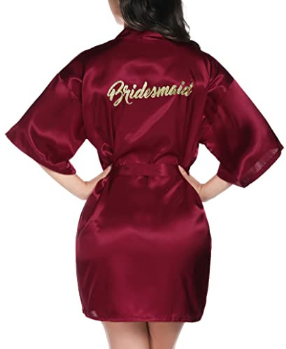 Vlazom Kimono Femme Satin Peignoir de Bridesmaid Robes de Chambre Demoiselle D'Honneur Court avec Ceinture,B Fuchsia/Bridesmaid,S