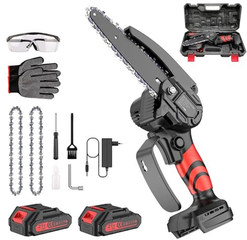 Mini Motosierra Bateria 6 Pulgadas, Eléctrica Motosierra de Mano, Sierra Podar Electrica Pequeñas Portátil, Coda de árboles Corte de Madera, 2 x 2000 mAh Baterías