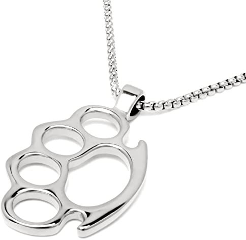 Schlagring Anhänger aus massivem Edelstahl mit Halskette Silber Gold Schwarz Blau Männer Schmuck Geschenk Gangster Rapper Outlaw Kette (Silber)