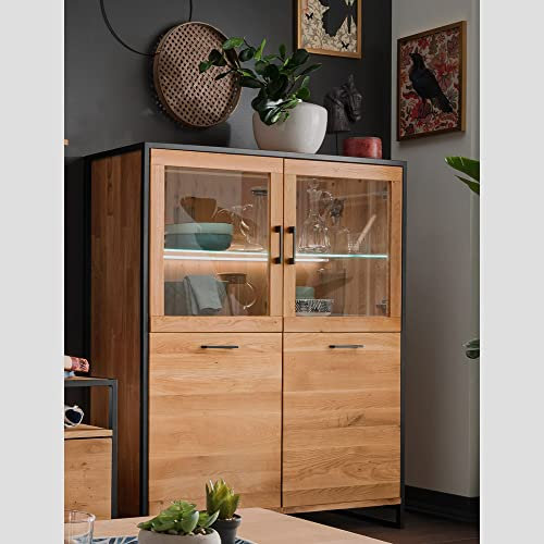 Lomadox Highboard Eiche massiv geölt, inkl. Beleuchtung, B/H/T: ca. 115/138/39 cm