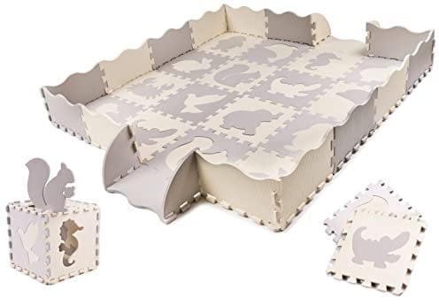 Kinder Puzzlematte XXL mit Tier Motive | Spielteppich für Baby & Kinder | 52-TLG XL Puzzleteppich Set | Große Eva Schaumstoff Spielmatte | Krabbelmatte mit Rand | Boden Matte 143x143 cm | Beige Grau
