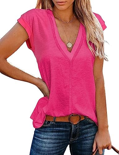 iChunhua Casual Summer Tank Tops Cap Sleeve Long V Neck T Shirts for Women UK Size 16 Hot Pink X-Large