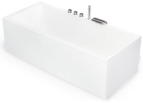 AQUADE Acryl Badewanne 190x90 cm Modell: Wolfsburg Hergеstellt in Dеutschland - Weiß Badewannen Komplettset mit Wannenträger, Schürze, Ab-Überlaufgarnitur + Wannenrandarmatur, Nackenkissen, LED