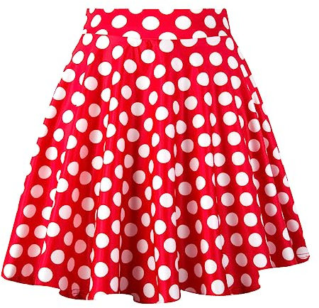 Dressever Damen Basic Vielseitige Dehnbaren Informell Casual Mini Hohe Taille A-Linie Tennisrock Tanzrock Red White Dot Large