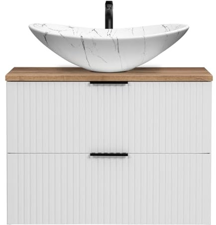 Lomadox Lavabo 80 cm con lavandino rialzato, bianco con rovere Nb, frontale scanalato, lavabo in ceramica bianco marmorizzato