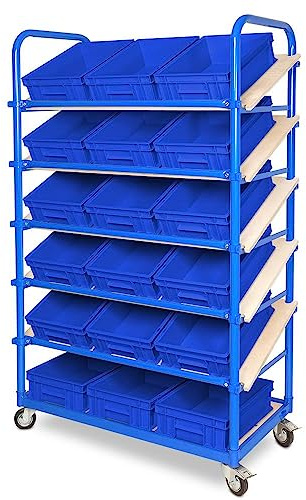 BRB Schrägboden-Regalwagen mit 6 Ebenen, BxTxH 1050x500x1690 mm bestückt mit 18 Euroboxen BxTxH 400x300x120 mm (blau)