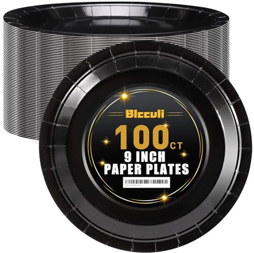 Blcculi 100 Count Black Paper Plates,9 Inch Paper Plates Black Disposable Plates,Black Paper Dinner Plates Party Plates,Black Disposable Paper Plate for Party,Birthday,Wedding,Holiday,Picnic,Travel