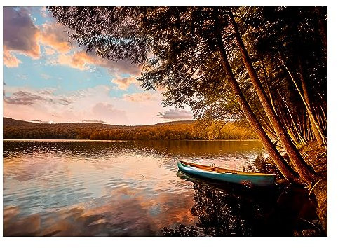 STYLER Glasbild Blue Boat 70 x 100 cm | Schlafzimmer Wohnzimmer Flur Büro | Wandbild Glas Bild | Natur Landschaft See grün braun blau Boot Wald Baum XXL groß