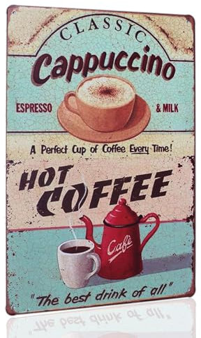 Hioni Placa de metal para puerta clásica con capuchino caliente y café