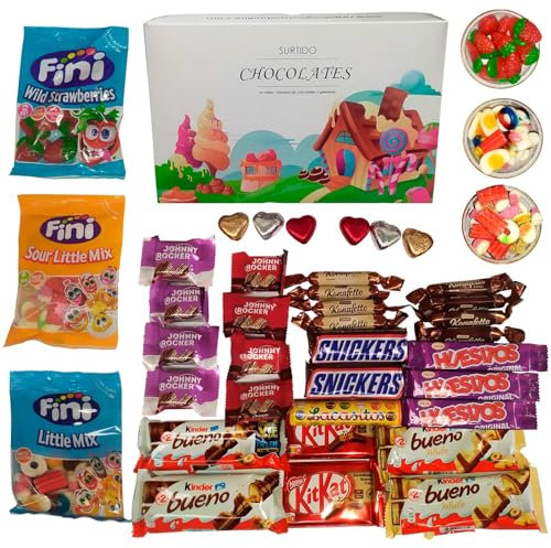 Deliex delicias de Extremadura. Surtido de chuches y chocolates para regalo. Lote de chocolates y gominolas para regalar. Regalo original para mujer y hombre
