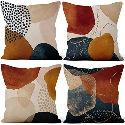ASDCXZ Boho Kissenbezug 40x40 cm 4er Set, Modern Abstrakt Kunst Beige Braun Sofa Dekokissen Kissenbezüge Kissenhülle Waschbar Polyester Flachs Textil Outdoor Polster Kopfkissenbezug Kissen Bezug