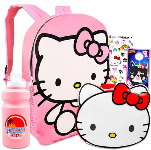 Hello Kitty Juego de mochila y lonchera - Mochila Hello Kitty de 16 pulgadas para niñas de 10 a 12 años con bolsa de almuerzo Hello Kitty con bolsa de almuerzo, botella de agua, calcomanías, más |