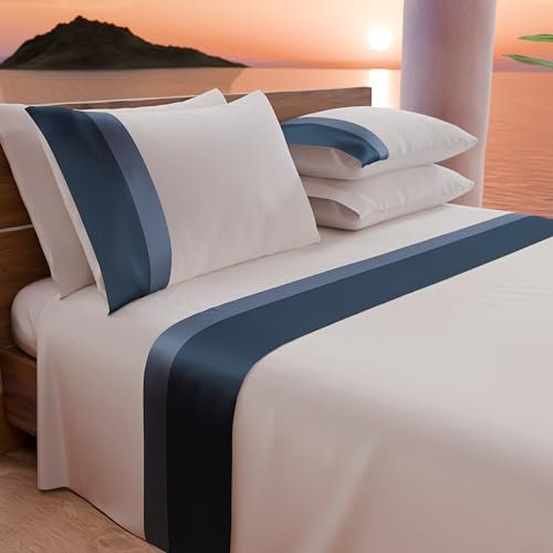 PETTI Artigiani Italiani - Bettwäsche-Set für Doppelbett mit doppeltem Volant aus Satin, 4-teilig, 180 x 200 cm, Bettlaken aus Baumwollperkal - Spannbettlaken, Oberlaken und 2 Kissenbezüge, Blau