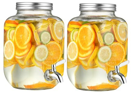 2 Pack Glass Drink Dispenser with Stainless Steel Tap, 4L Drink Dispensers for Parties, Glass Beverage Dispenser with Stainless Steel Faucet and Lid for Cocktails, Juice, Water, Beverages