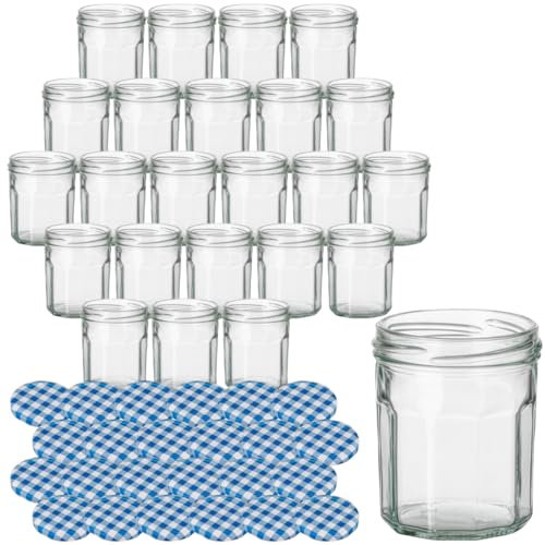 gouveo Lot de 24 bocaux de conservation de 200 ml avec couvercle à visser bleu à carreaux – Bocaux à dizaines avec fermeture Twist-Off – Petits bocaux de conservation pour faits maison (EGD200KB)