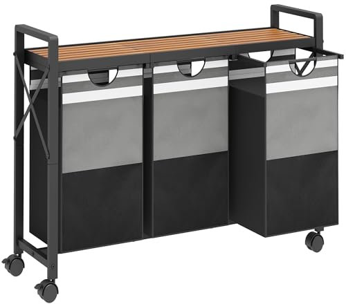 FAVOOSTY Laundry Basket 3 Compartments On Wheels, 150L 3 Section Laundry Basket With Shelf, Laundry Hamper Trolley for Bedroom Bathroom, Removable Pull-Out Bags,107 * 70.8 * 30cm