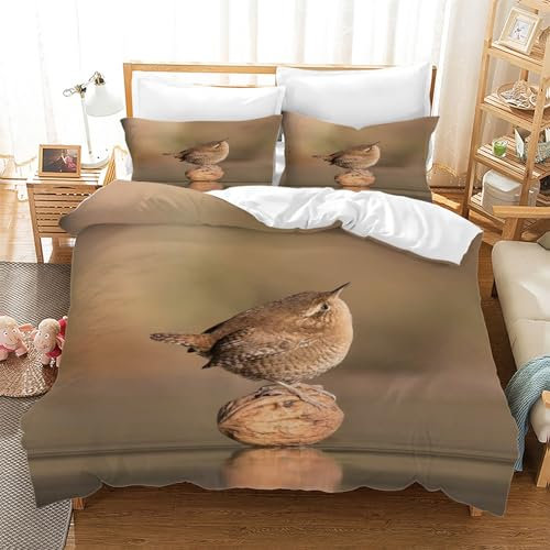 LLSZAHD Bettwäsche 135x200 Birdie Bettwäsche-Sets Nussbaum 3D Drucken Bettwäsche 3 Teiliges Set mit Reißverschluss - Atmungsaktiv Weich Bequem Mikrofaser Bettbezug + 2 Kissenbezug 80x80 cm