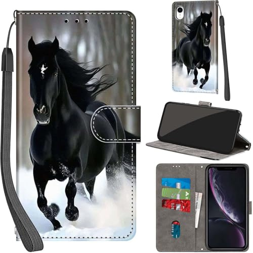 PHINIENLAND Wallet Flip Case for iPhone XR Leather Black Horse | 3 Card Slots & 1 Cash Pocket, Magnetic Closure, Kickstand, Premium PU Leather flip cover for iPhone XR