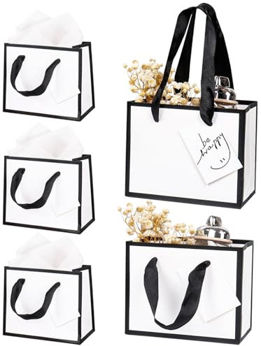 5 Stück Geschenktüten klein mit Seidenpapier und Geschenkanhänger, 18 × 10 × 16cm Weiß Papiertüten klein Geschenktaschen für Geburtstag Hochzeit Babyparty