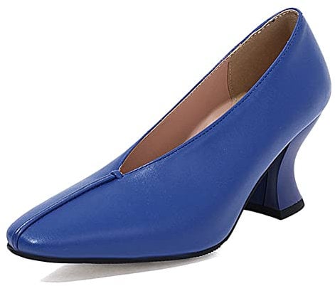 Gicoiz Damen Block Louis- XV Absatz Pointed Toe Buro Arbeit Pump Ohne Verschluss Business Formal Loafer Pantoffeln Abend Hohen Blockabsatz Schuhe Blau Gr 37 EU-38Cn