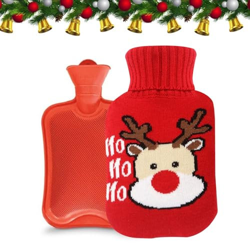 Wärmflasche mit Bezug,Warmflasche Weihnachten Warmflasche,Wärmflasche mit Strickbezug,Wärmflasche,Wärmeflasche mit Kuschelweichem Fellbezug zur Schmerzlinderung,Ideal für Weihnachten Geschenke,1liter