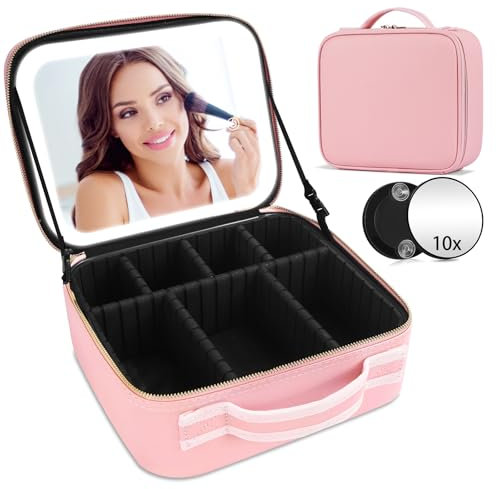 Travel Makeup Bag With LED Mirror, 3 Color Setting, Waterproof Makeup Box With 10X Magnifying, Pink Organizer