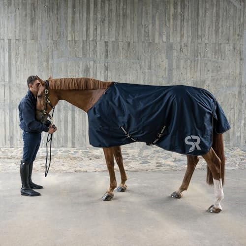 SUNRIDE Regendecke 0g für Pferde (Glasgow) - 1200D - EasyLock Verschluss - mit Unterdecken kombinierbar - 100% wasserdicht - 5.000mm Wassersäule - extrem atmungsaktiv - blau (135 cm)