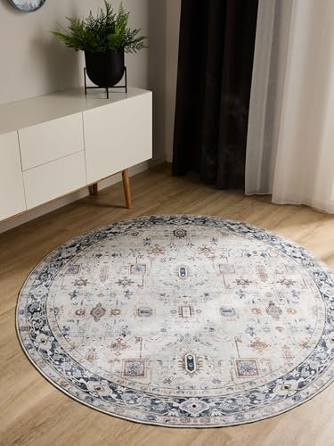 benuta Basic Waschbarer Teppich George - Creme/Grau 120 cm Rund - Kunstfaser - Rund & im Style: Vintage, Elegant, Retro - Pflegeleicht für Wohnzimmer Schlafzimmer