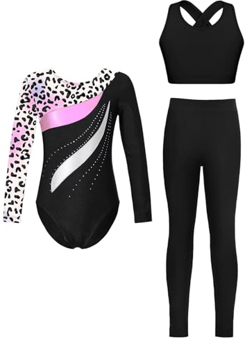 Loodgao Mädchen Langarm Turnanzug Streifen Gymnastikanzug mit Crop Top und Lange Hose Sport Leggings 3 Teillig Tanzbekleidung