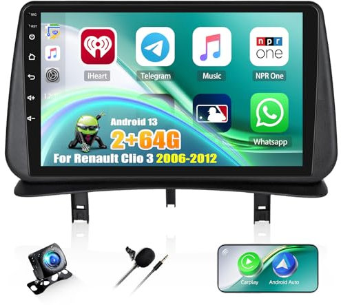 CAMECHO 2+64G 7 Android 13 Autorradio para Renault Clio 3 2006-2012 con Inalámbrico Carplay Android Auto GPS, HD Touchscreen Bluetooth FM/RDS Radio with WiFi Mirror Link EQ +Canbus Cámara Trasera