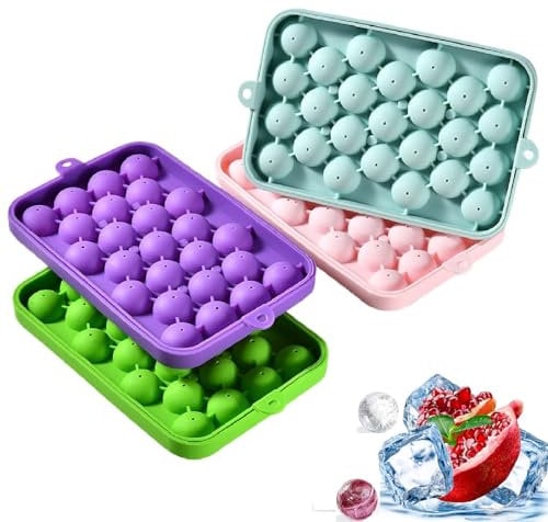 4 Stück Silikon Eiswürfelform Kugel Mit Deckel, 25 Fach Rund Eiswuerfel Form Ice Cube Tray Eiswürfelbehälter BPA Frei, Stapelbar Mini Kugel Eiswürfelform Für Cocktail, Whiskey, Kaffee