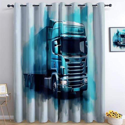 Generisch Blickdichte Vorhänge mit Ösen Tuschemalerei LKW 3D Verdunkelungsvorhang 2er Set H245 x B140 cm Thermovorhang Kälteschutz Gardine Polyester für Schlafzimmer Kinderzimmer Wohnzimmer