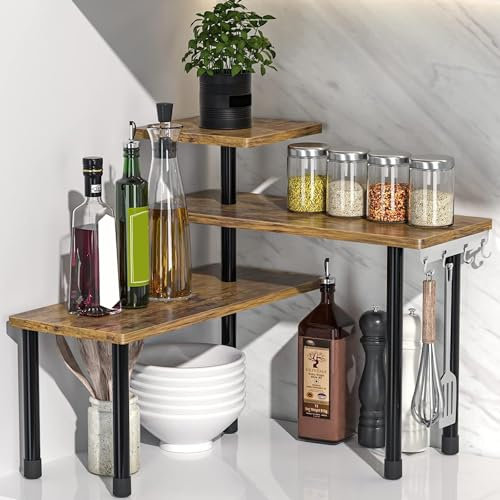 SOONHUA Eckregal Küche, Küchen Arbeitsplatten Organizer, 3 Etagen Gewürzregal mit 4 seitlichen Haken, verstellbare Ausrichtung, Platzsparend, Küchenregal Arbeitsplatte für Küche und Kaffeebereich