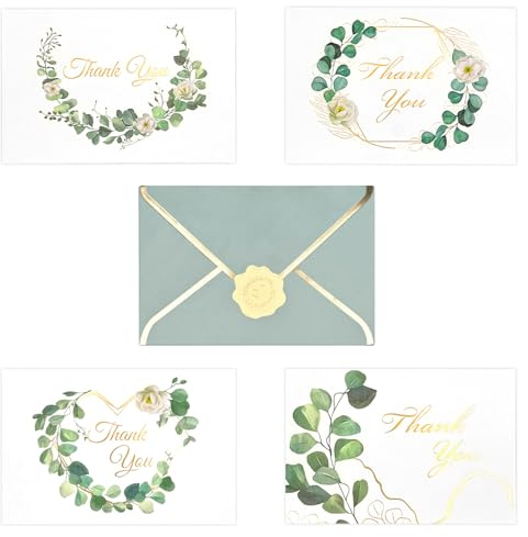 Fourindo Thank You Cards with Envelopes, 32 Pack Greenery Thank You Notes, 4 Floral Plant Designs, 6 x 4 Blank Cards for Weddings, Baby Showers, Bridal Showers, Business Stationery​