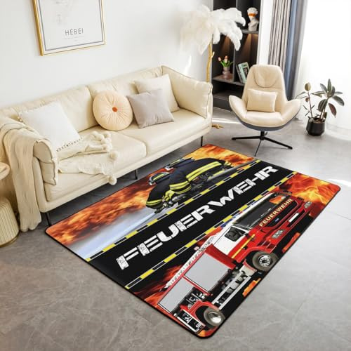 Homewish Feuerwehrmann Teppich Kinder Feuerwehr Auto Fahrzeug Teppiche Wohnzimmer für Jungen Mädchen Jugendliche,Feuerwehr Muster Carpet Modern Schlafzimmer Dekor 100x150 Pflegeleicht Bild